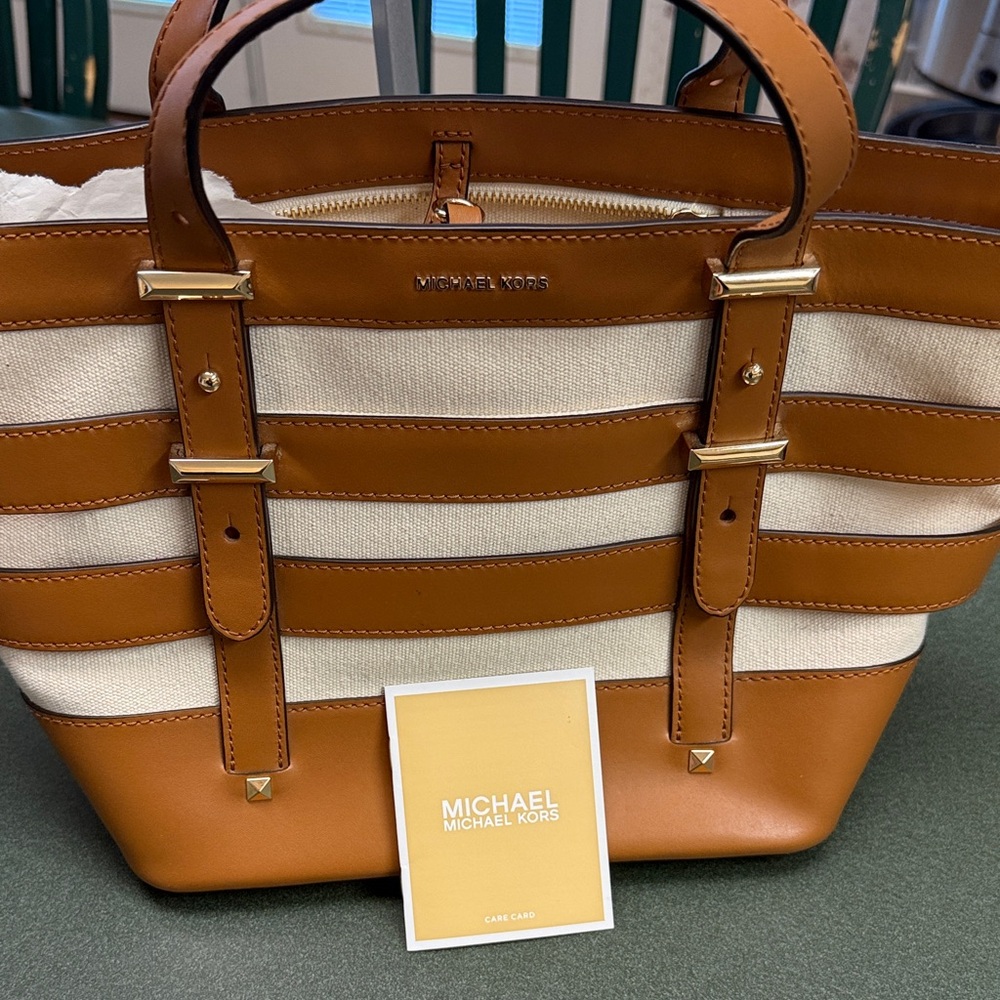 Michael Kors Brown and Cream Striped Tote - Picture 12 of 12